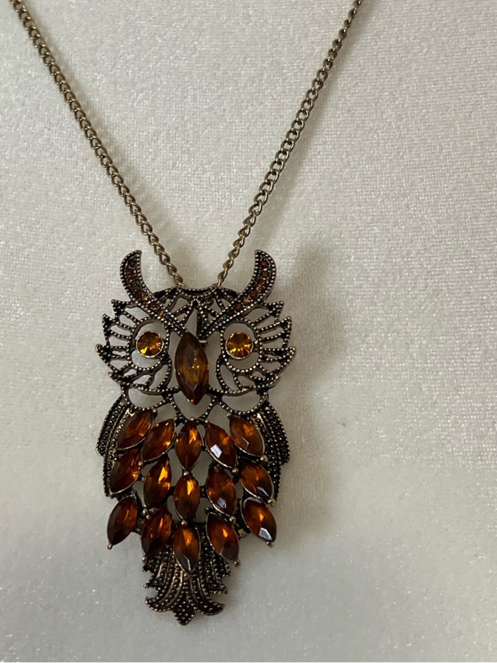 Vintage Style Amber Owl Pendant Long Statement Necklace Bronze Tone - Picture 3 of 5